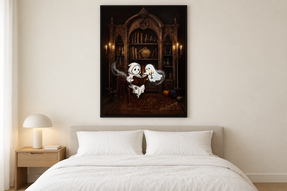 Obra de Halloween presentada en un dormitorio minimalista para adultos.