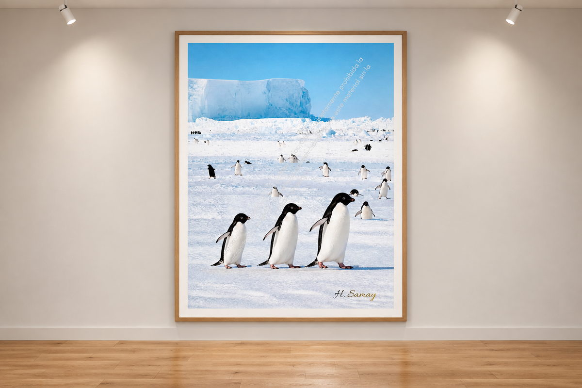 Pingüinos en fila expuesto en una galería de arte.