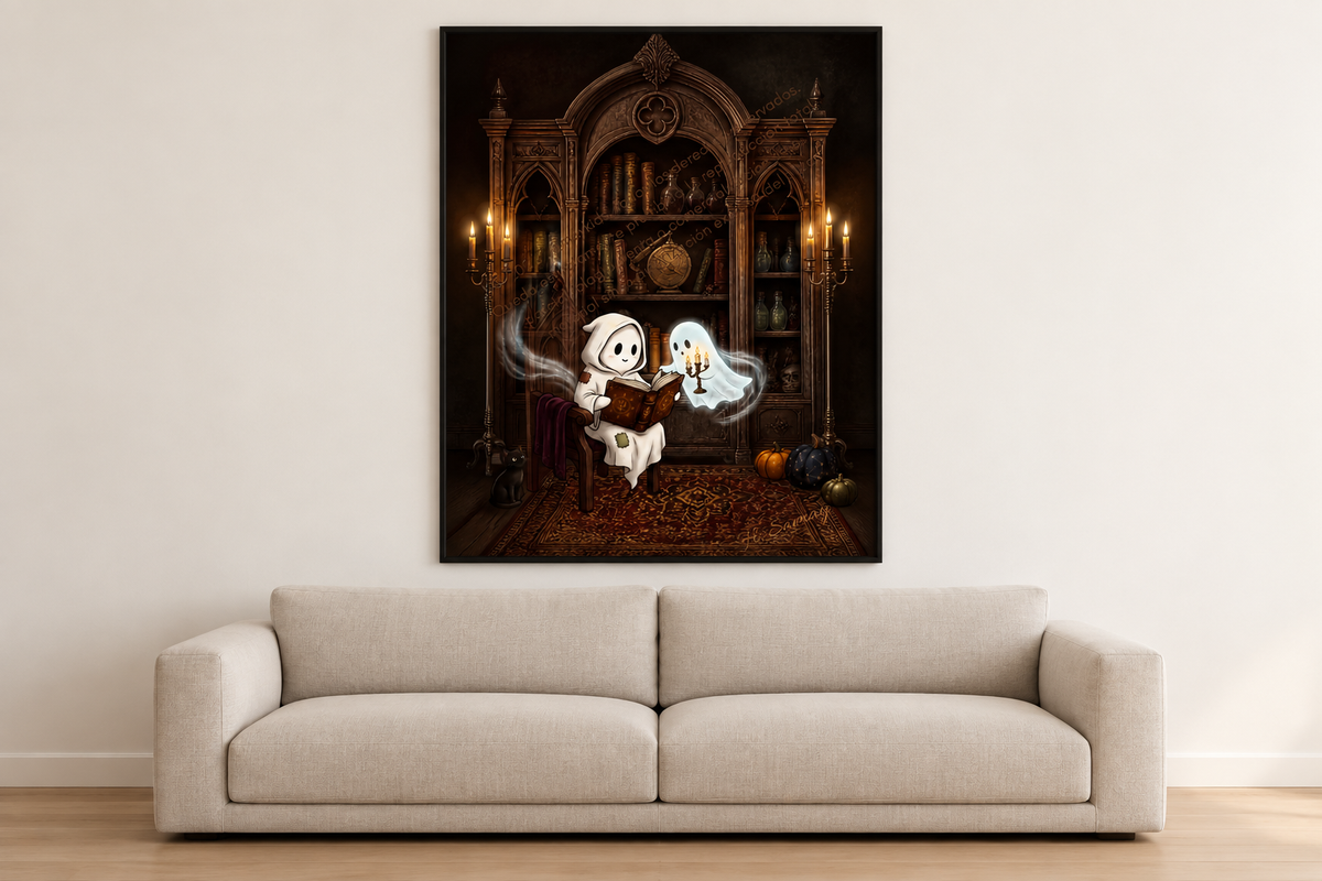 Obra de Halloween presentada en una sala minimalista.