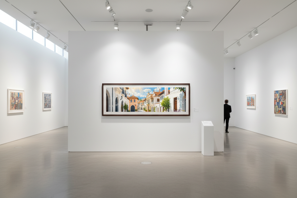 Mockup galería exposición — Aldea Blanca Bajo el Sol