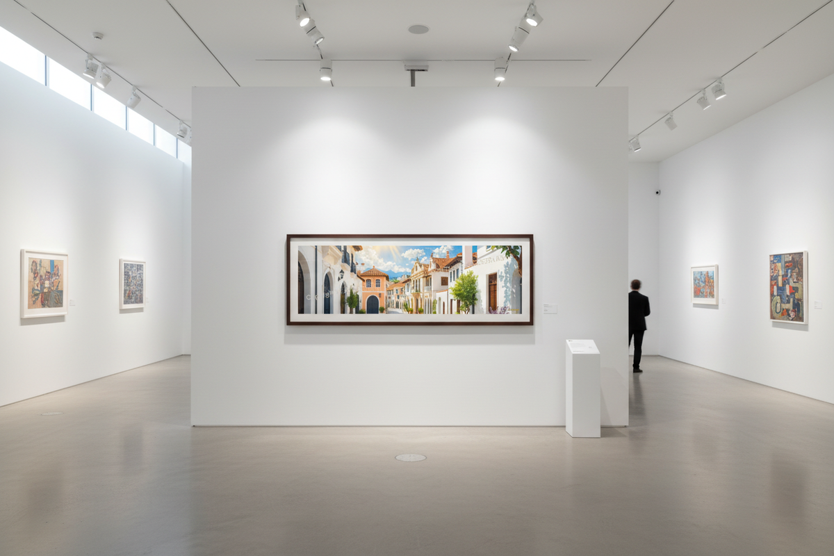 Mockup galería exposición — Aldea Blanca Bajo el Sol