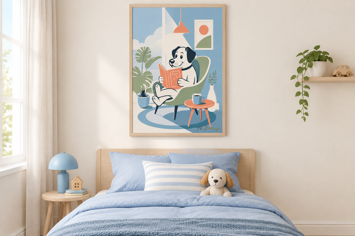Entre libros y café en un dormitorio infantil minimalista.