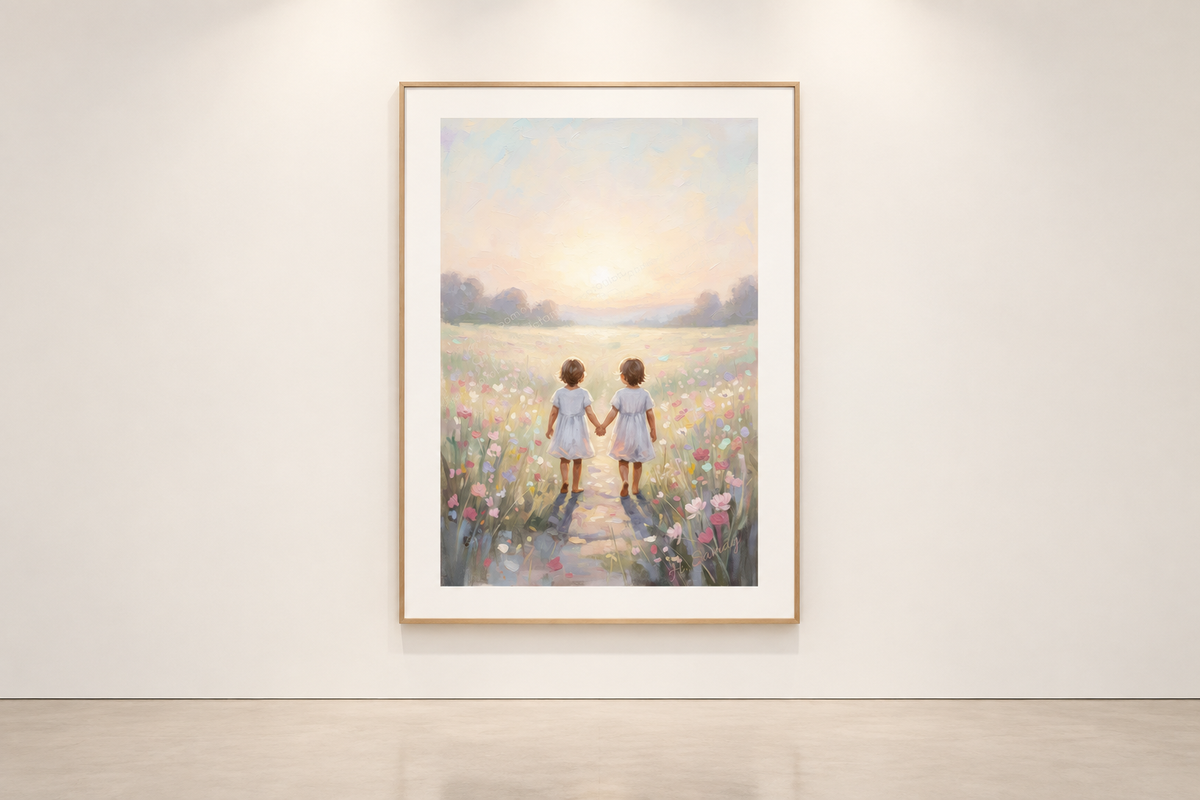 Encanto de nenes bajo el mágico jardín expuesto en una galería de arte sobria.