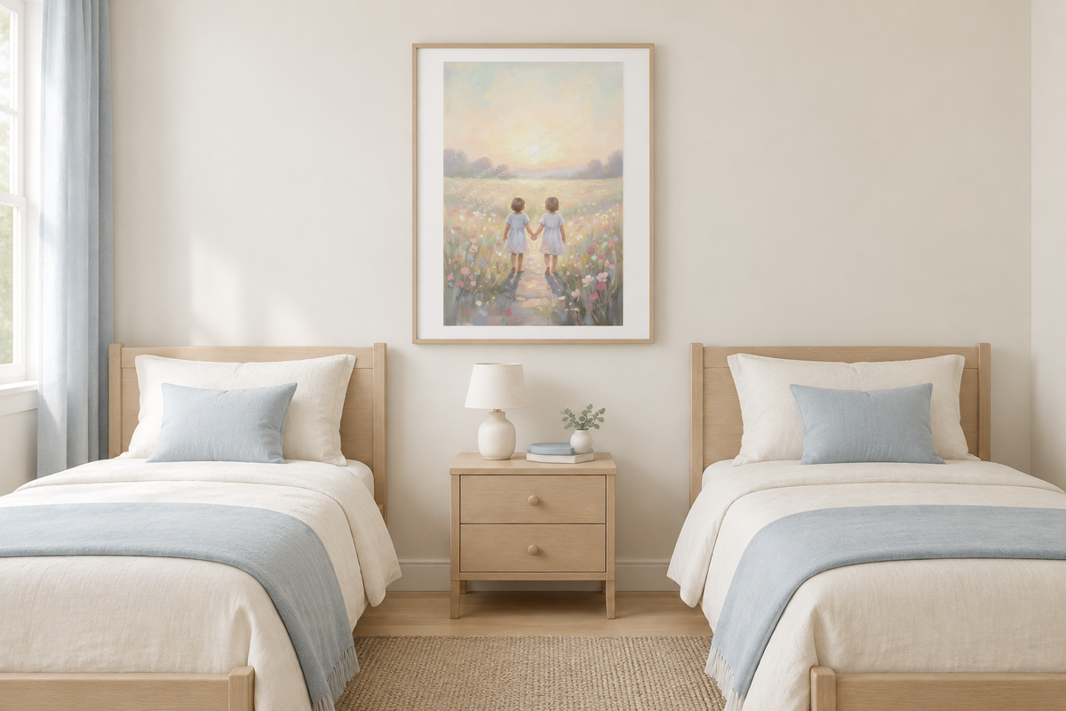 Encanto de nenes bajo el mágico jardín en un cuarto infantil con dos camas.