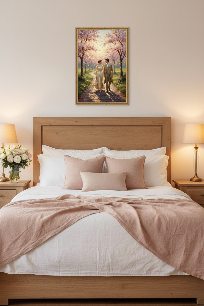 Enamorados bajo los Cerezos - Mockup dormitorio romántico