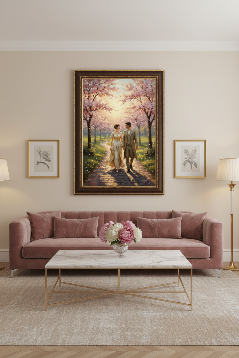 Enamorados bajo los Cerezos - Mockup sala elegante