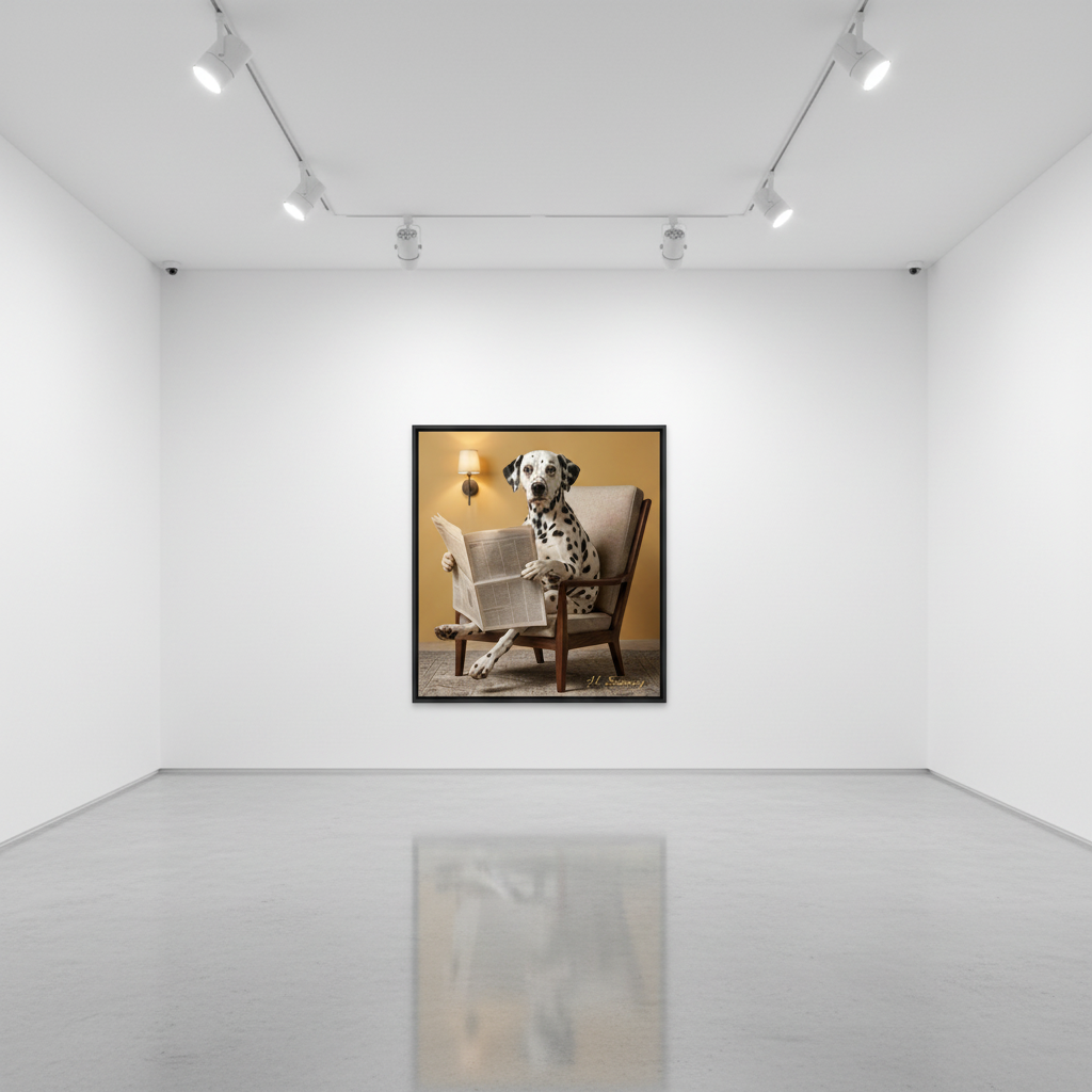 Mockup Dálmata Leyendo en galería de arte
