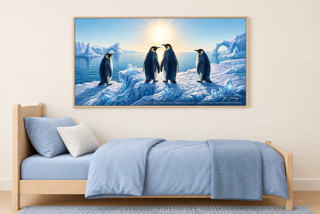 Amigos pingüinos en un dormitorio infantil minimalista.