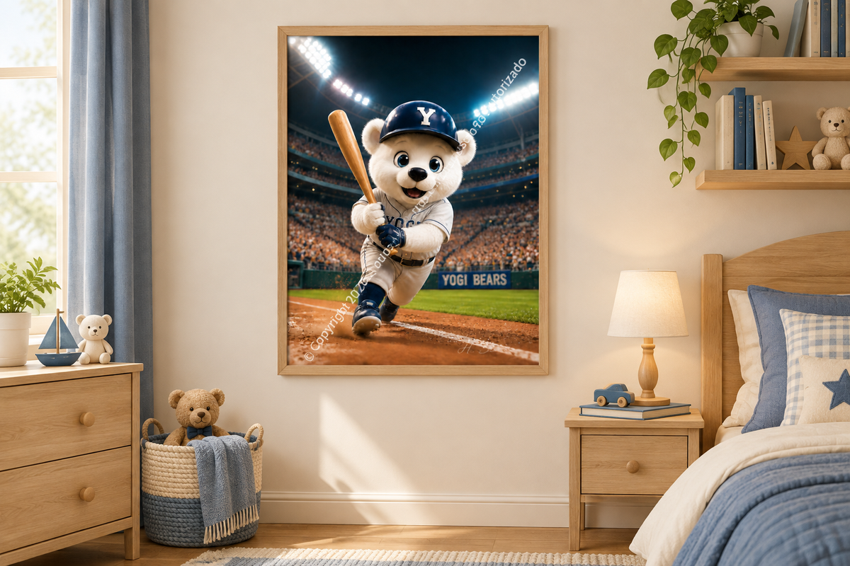 Divertido oso jugando presentado en un dormitorio infantil.