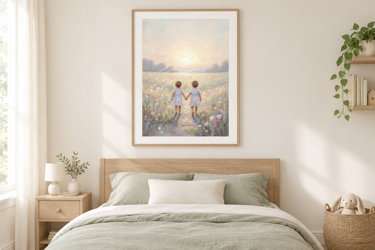 Encanto de nenes bajo el mágico jardín en un cuarto infantil sobrio con tonos salvia.