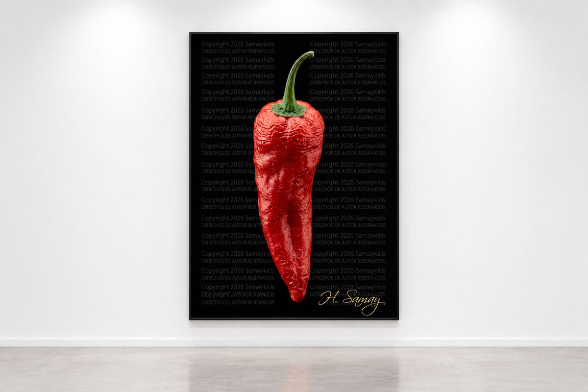 Ají picante expuesto en una galería de arte minimalista.