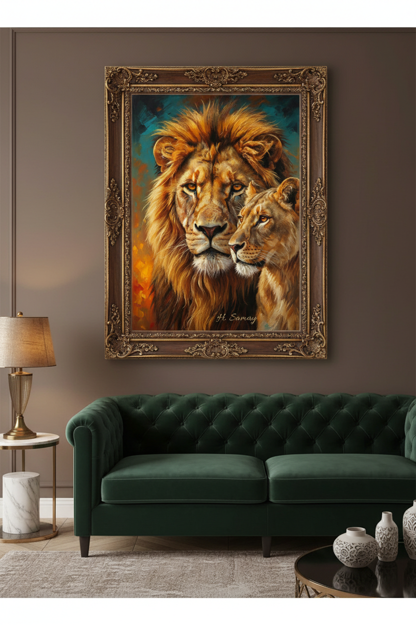 León Imponente con su Dueña - Mockup sala lujosa marco relieve