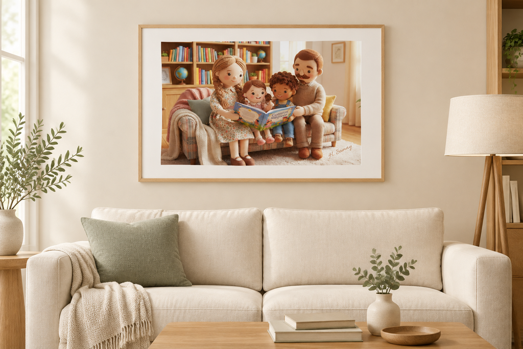 Creciendo entre cuentos en una sala minimalista.
