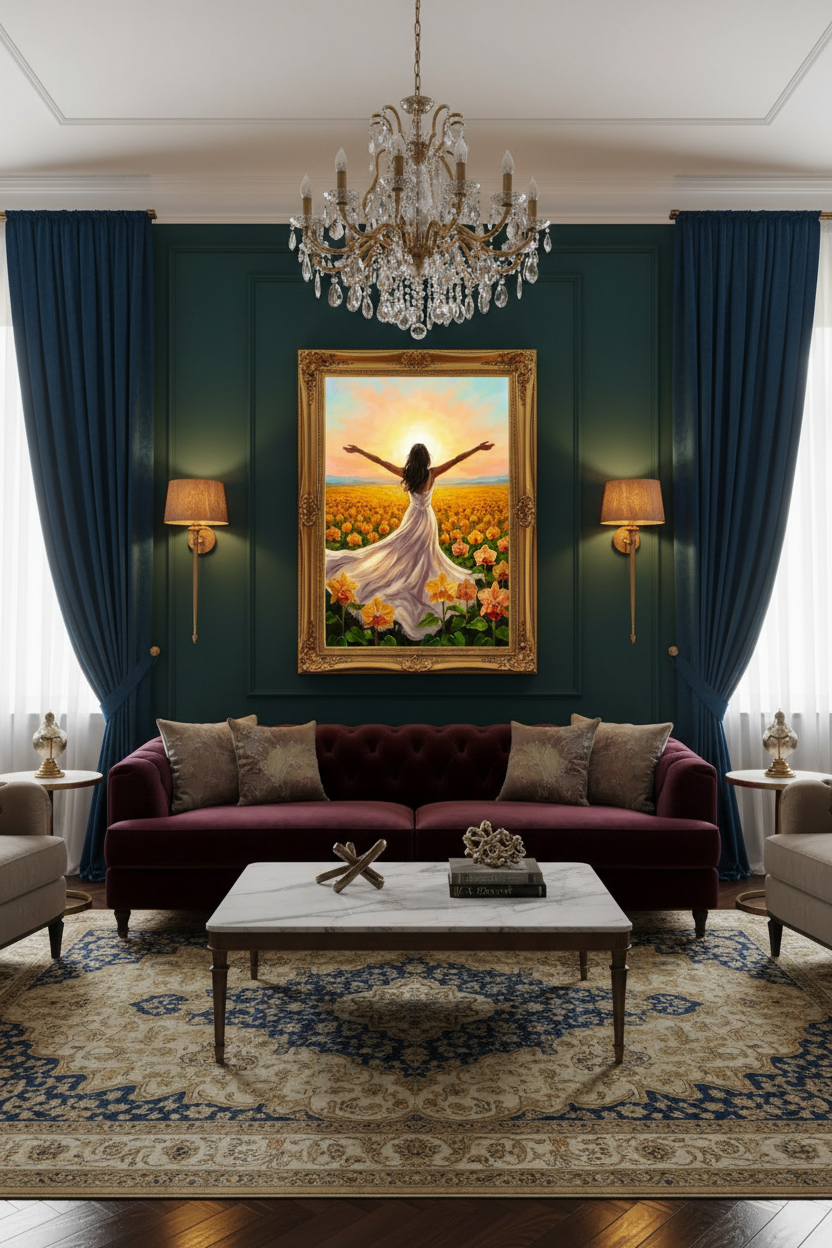 Amanecer en el Campo de Orquídeas - Mockup sala imponente con lámparas