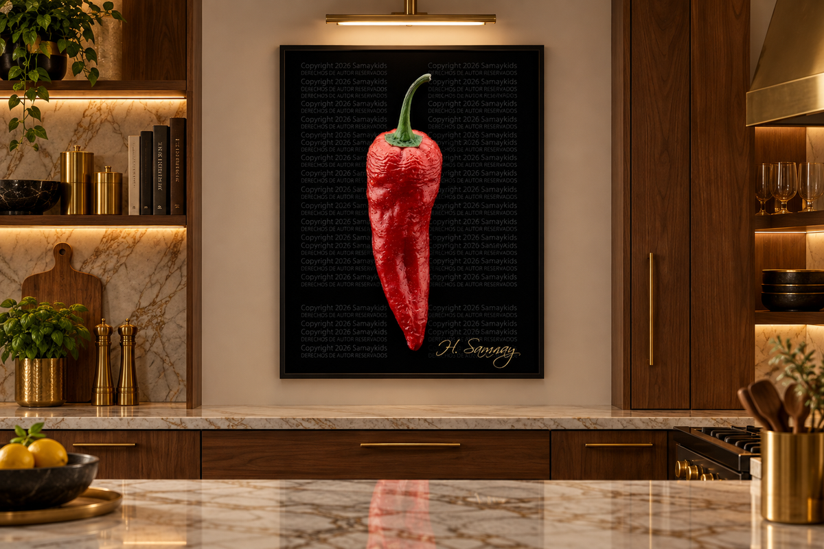 Ají picante enmarcado en una cocina elegante con mármol y muebles de madera.
