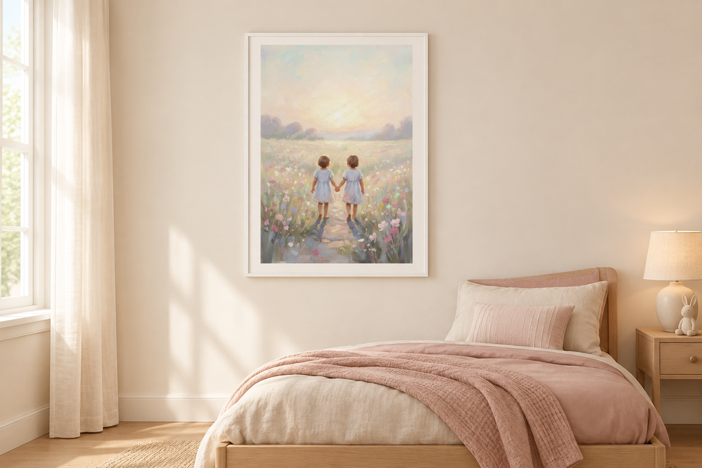 Encanto de nenes bajo el mágico jardín en un cuarto infantil con tonos arena y rosa suave.