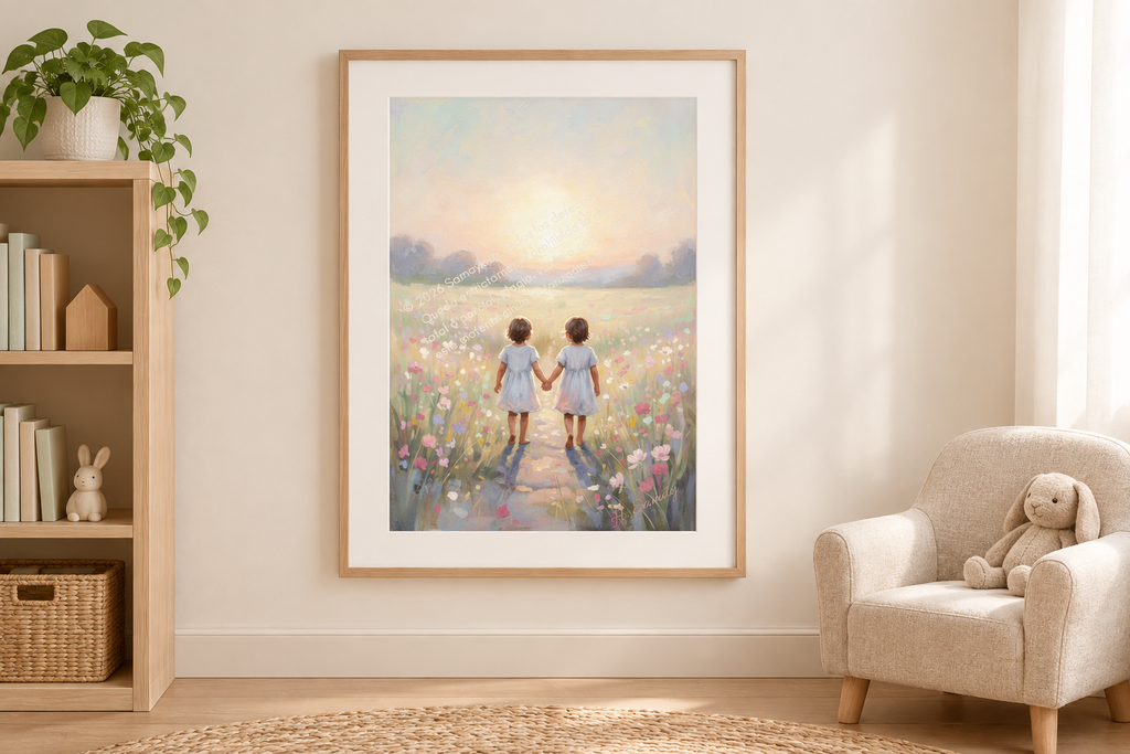 Encanto de nenes bajo el mágico jardín en un rincón de lectura infantil minimalista.