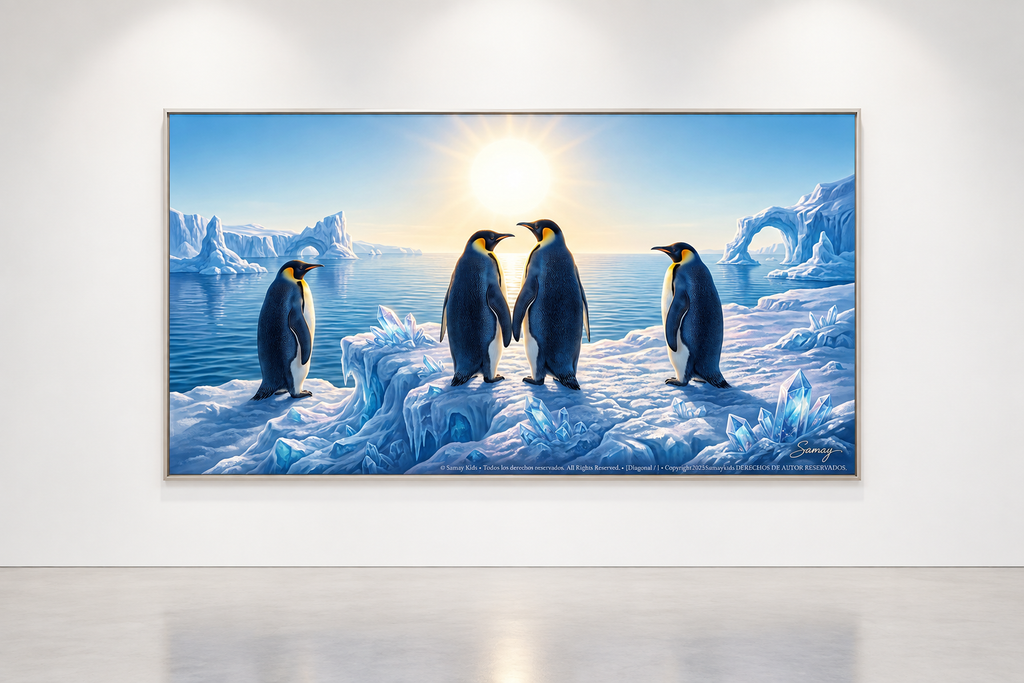 Amigos pingüinos expuesto en una galería minimalista.