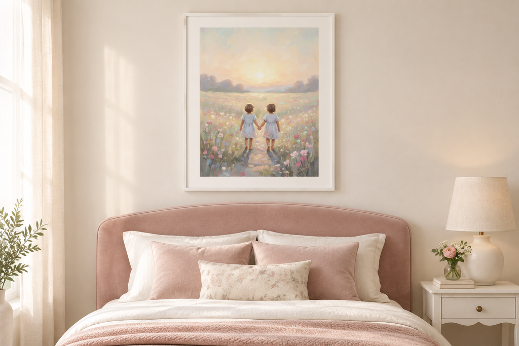 Encanto de nenes bajo el mágico jardín en una alcoba para niña en rosa empolvado.