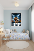 Oso Campeón en cuarto infantil pared azul celeste — mockup decoración